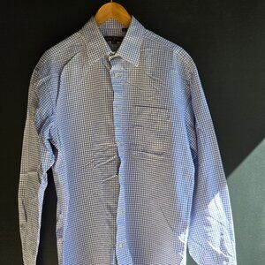 Hickey Freeman Mens White Blue Check Grid LS Button Down Shirt 16.5  XLong